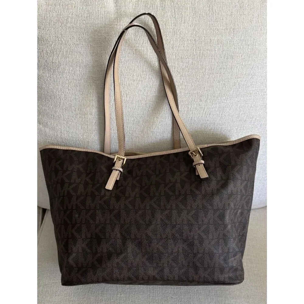 ⁠Michael Kors Tote Bag Brown Signature Monogram Large Purse Gold Charm Jet Set